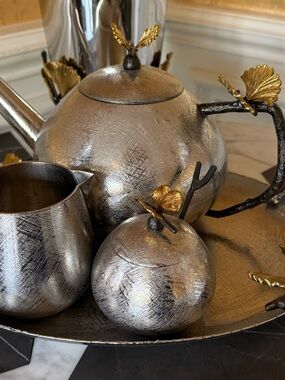 Michael Aram Silver and Gold Ginkgo Tea Set